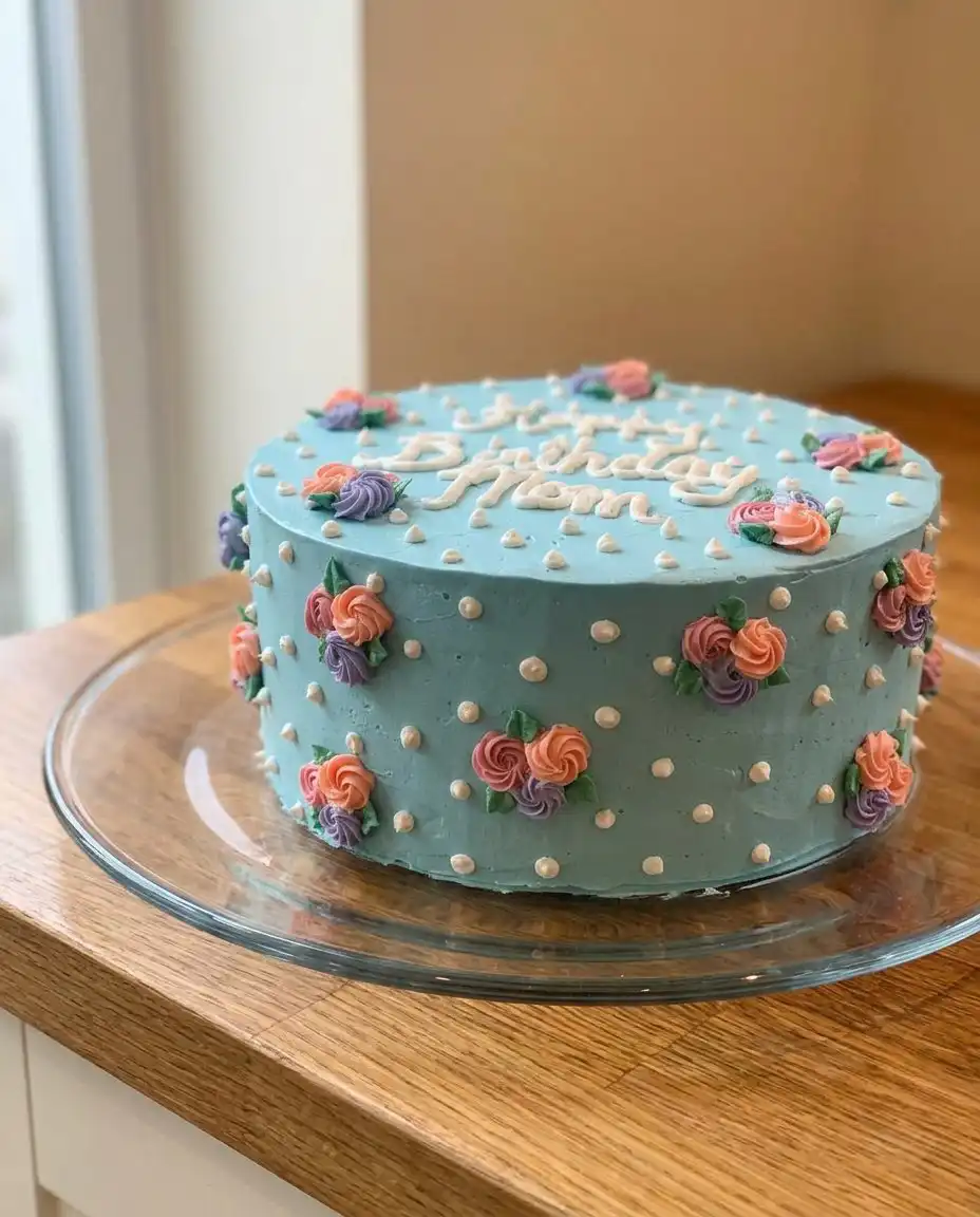 A side view of the Happy Birthday Mom Cake being sliced into grid portions.