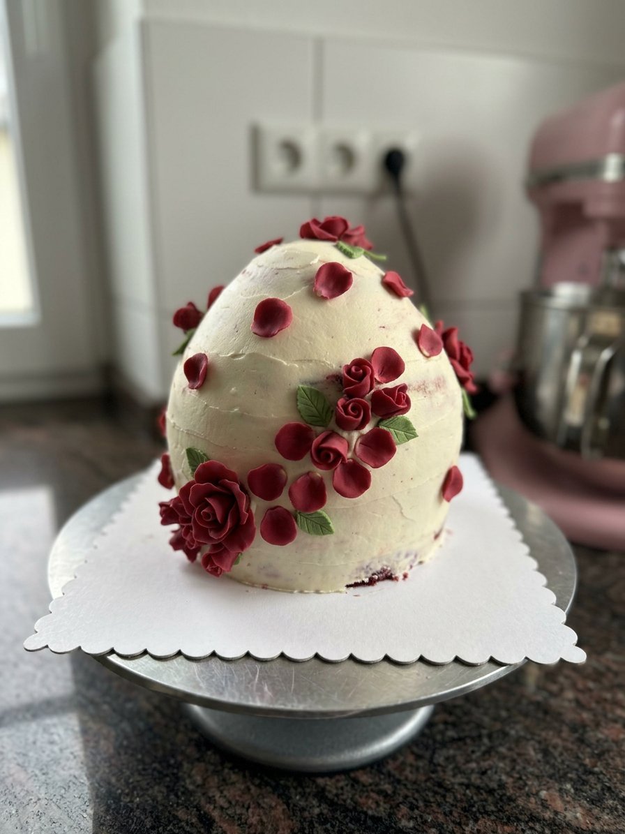 Rose Cake 14 A knife slicing into a heart shaped rose cake revealing the tender white crumb inside.
