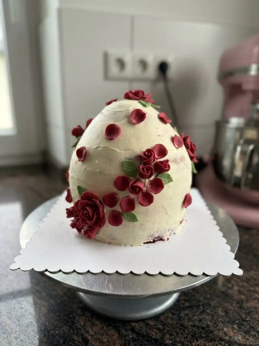 A knife slicing into a heart shaped rose cake revealing the tender white crumb inside.