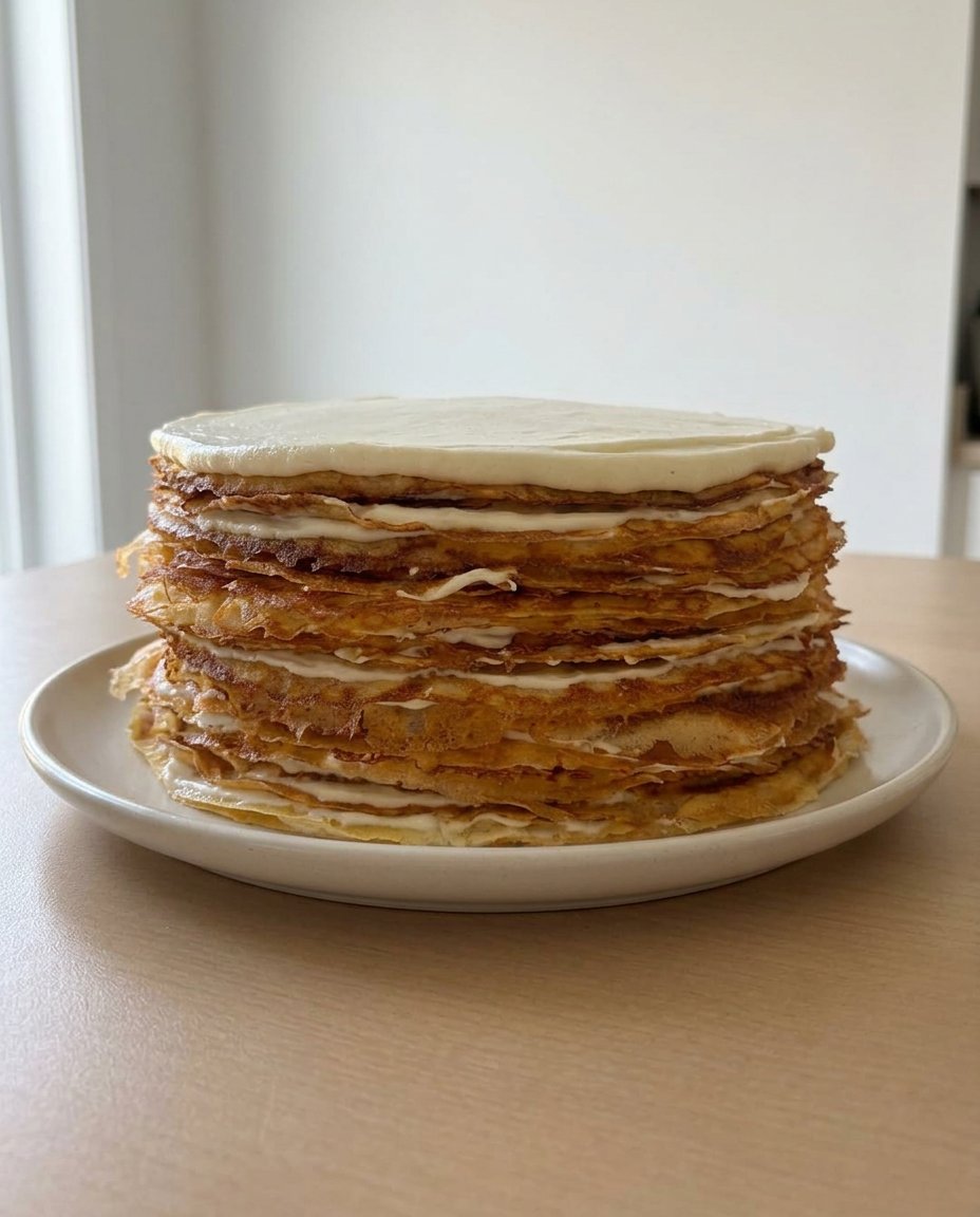 Slicing a crepe cake with a sharp knife for clean layers