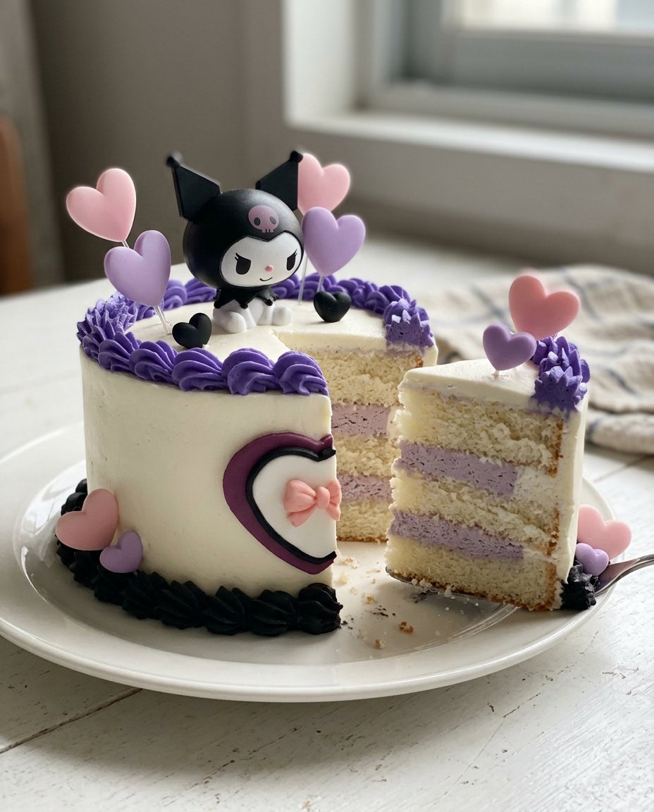 Kuromi Cake Design 14 Slicing a sponge cake into even layers with a serrated knife