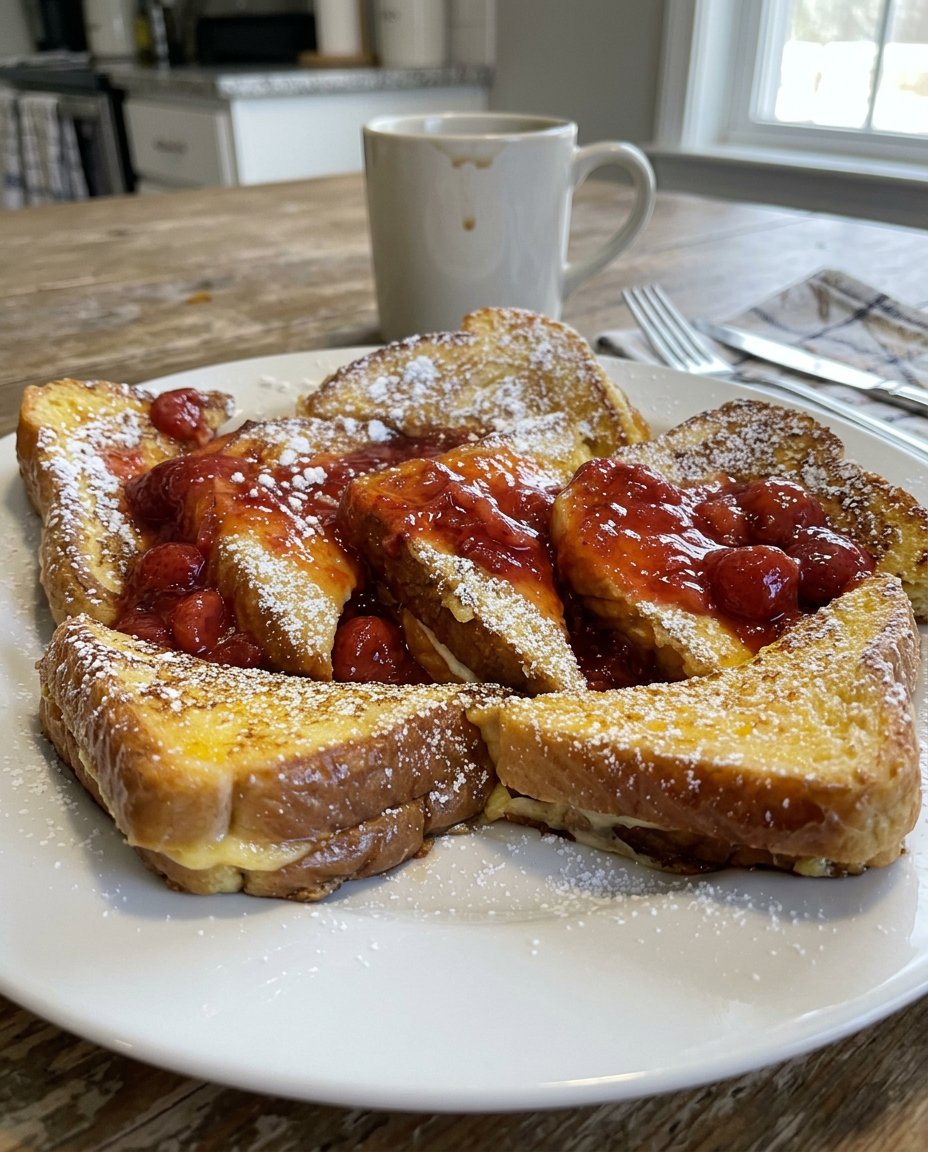 A close up shot of a sharp knife slicing through a dense and creamy strawberry cheesecake.