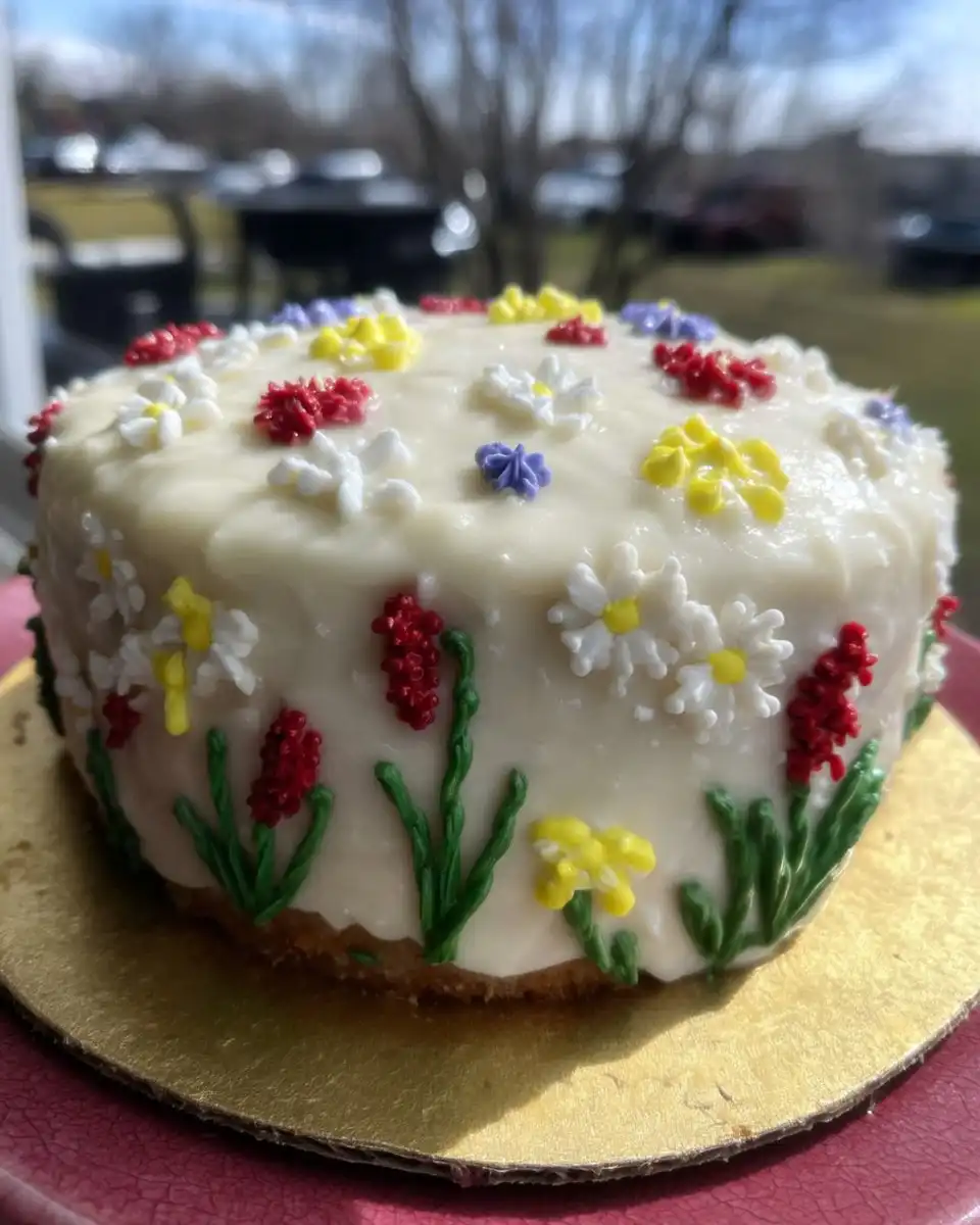 A cross section slice of spring cake showing layers of lemon curd and raspberry jam