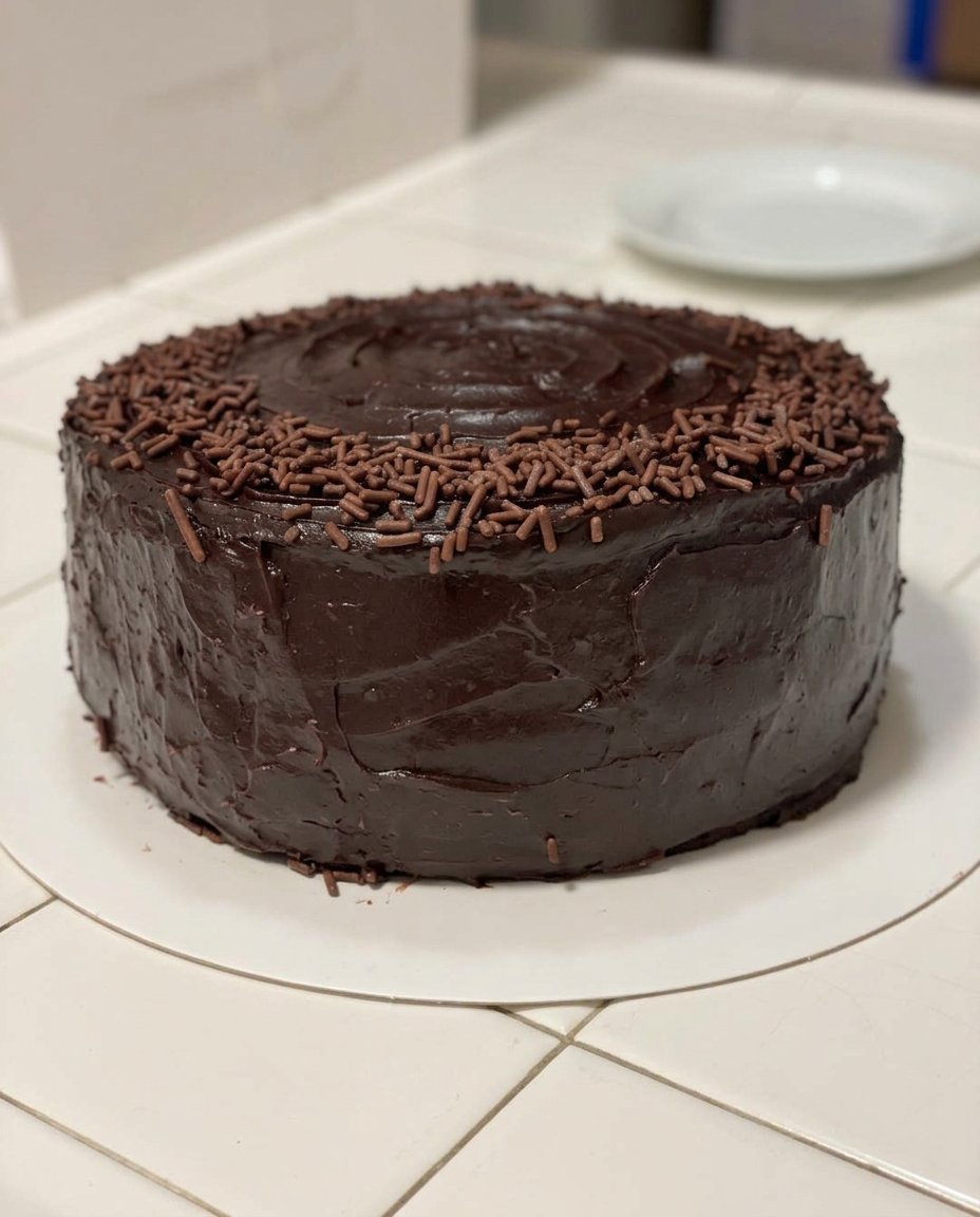 A spatula spreading glossy chocolate fudge frosting over a cake layer