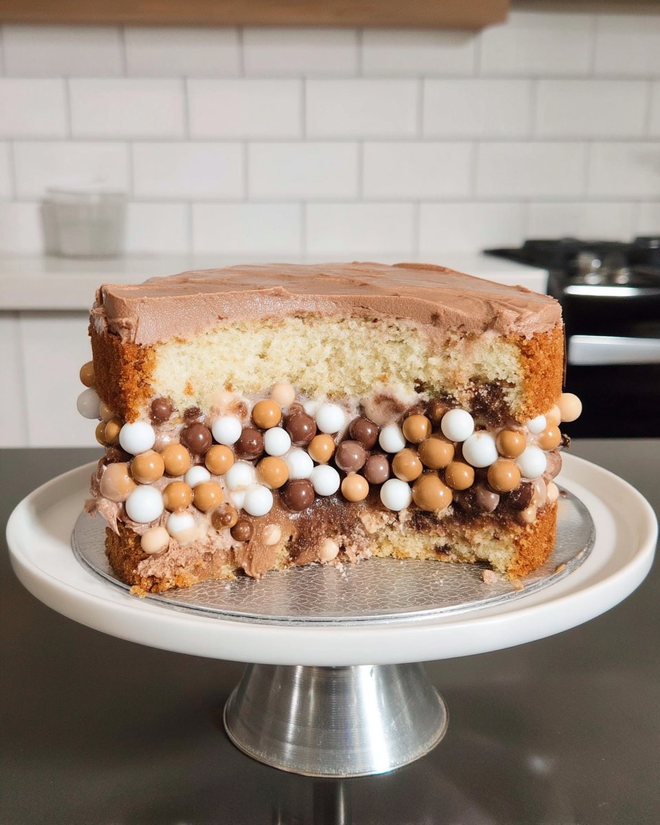 A hand using a bench scraper to smooth thick Nutella buttercream on a cake to create a fault line effect.