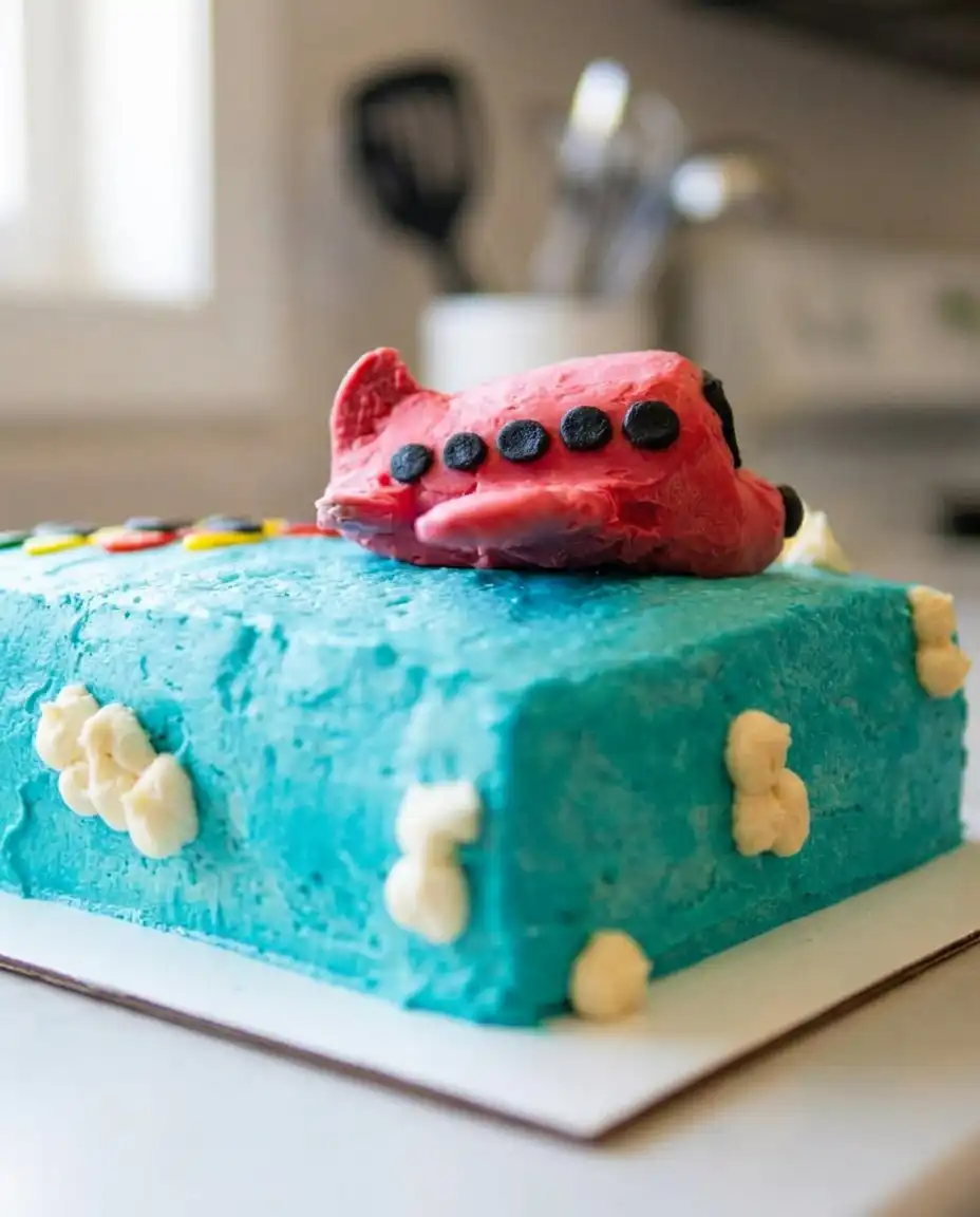 An offset spatula smoothing white buttercream over a chocolate chip cake