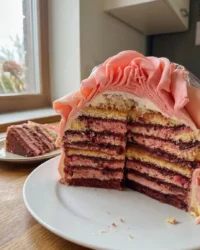 A beautiful heart shaped rose cake covered in fresh pink rose petals and creamy frosting.