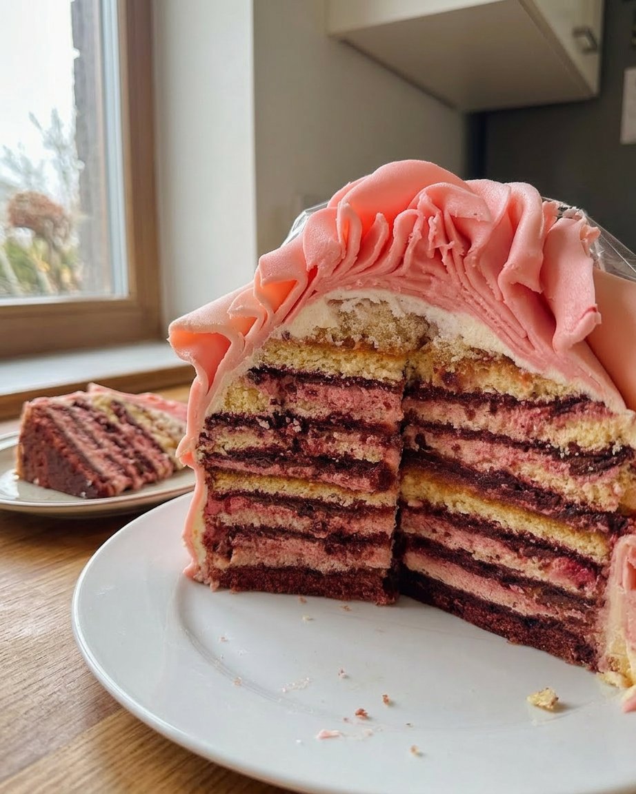 A beautiful heart shaped rose cake covered in fresh pink rose petals and creamy frosting.