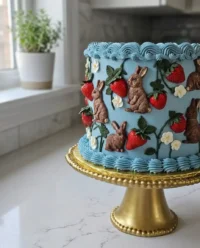 A beautiful two layer vanilla birthday cake with white buttercream icing on a white stand
