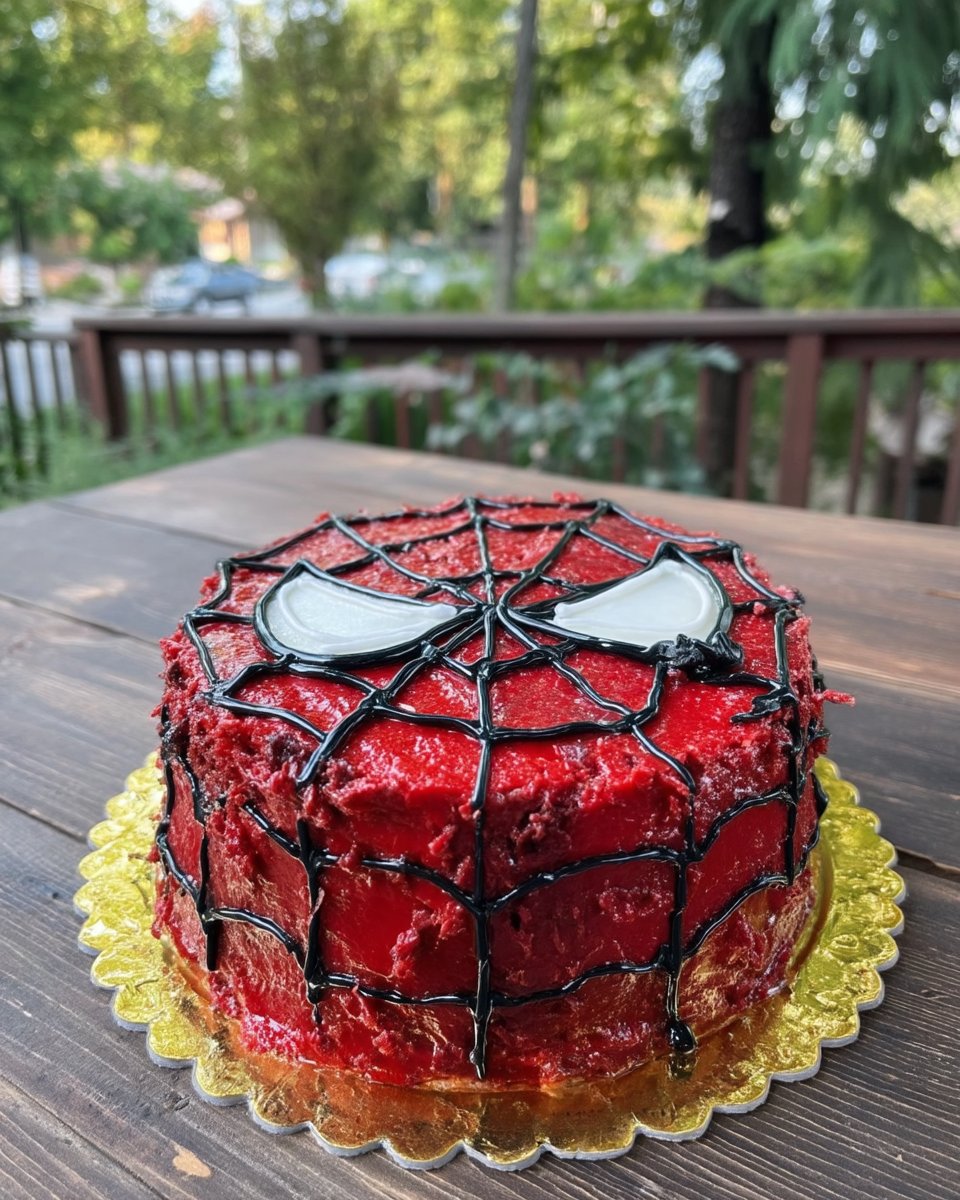 A sliced piece of Spiderman cake showing the chocolate interior