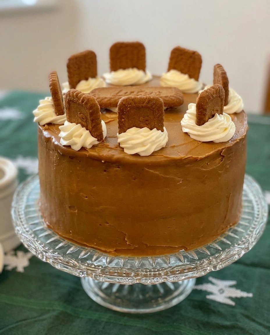 Biscoff Cake 13 A spatula spreading speckled Biscoff buttercream onto a golden cake layer