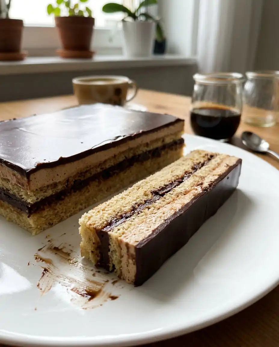 A baker using an offset spatula to spread light brown coffee buttercream over a rectangular sponge cake.