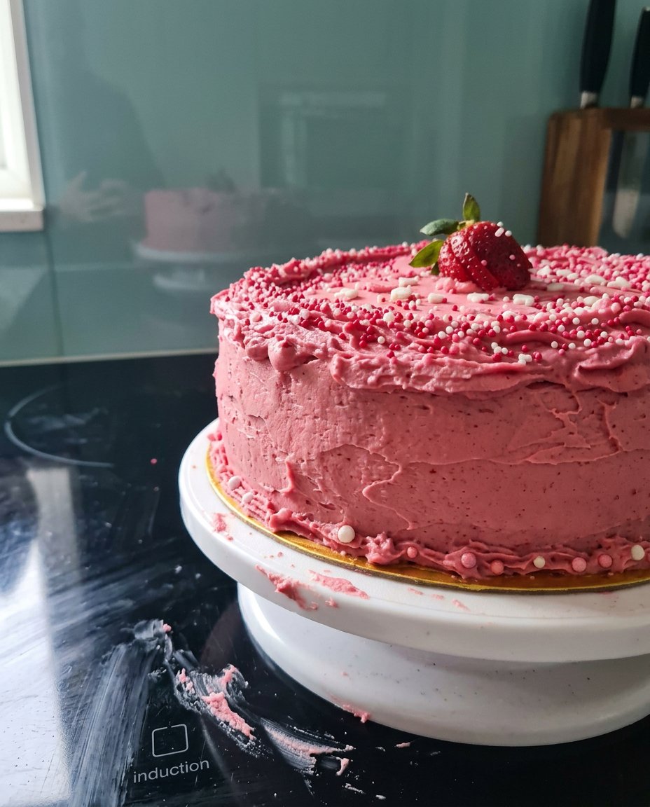 Cake Strawberry 14 A slice of strawberry cake with a dollop of whipped cream