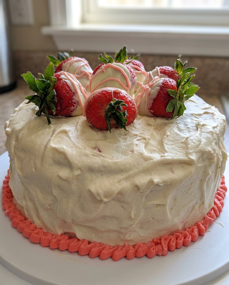 Close up of the velvety crumb of a strawberry cake layer