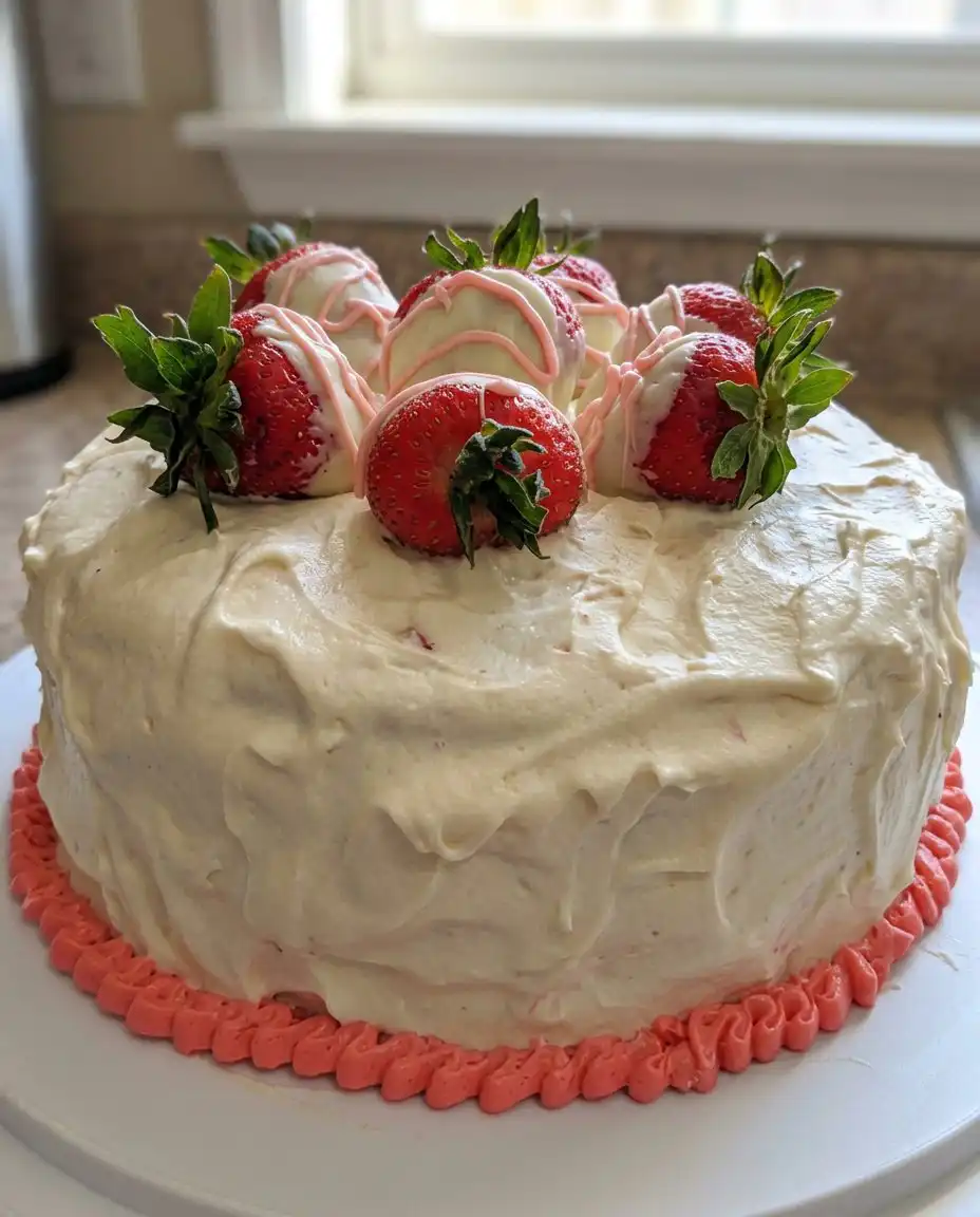 Close up of the velvety crumb of a strawberry cake layer