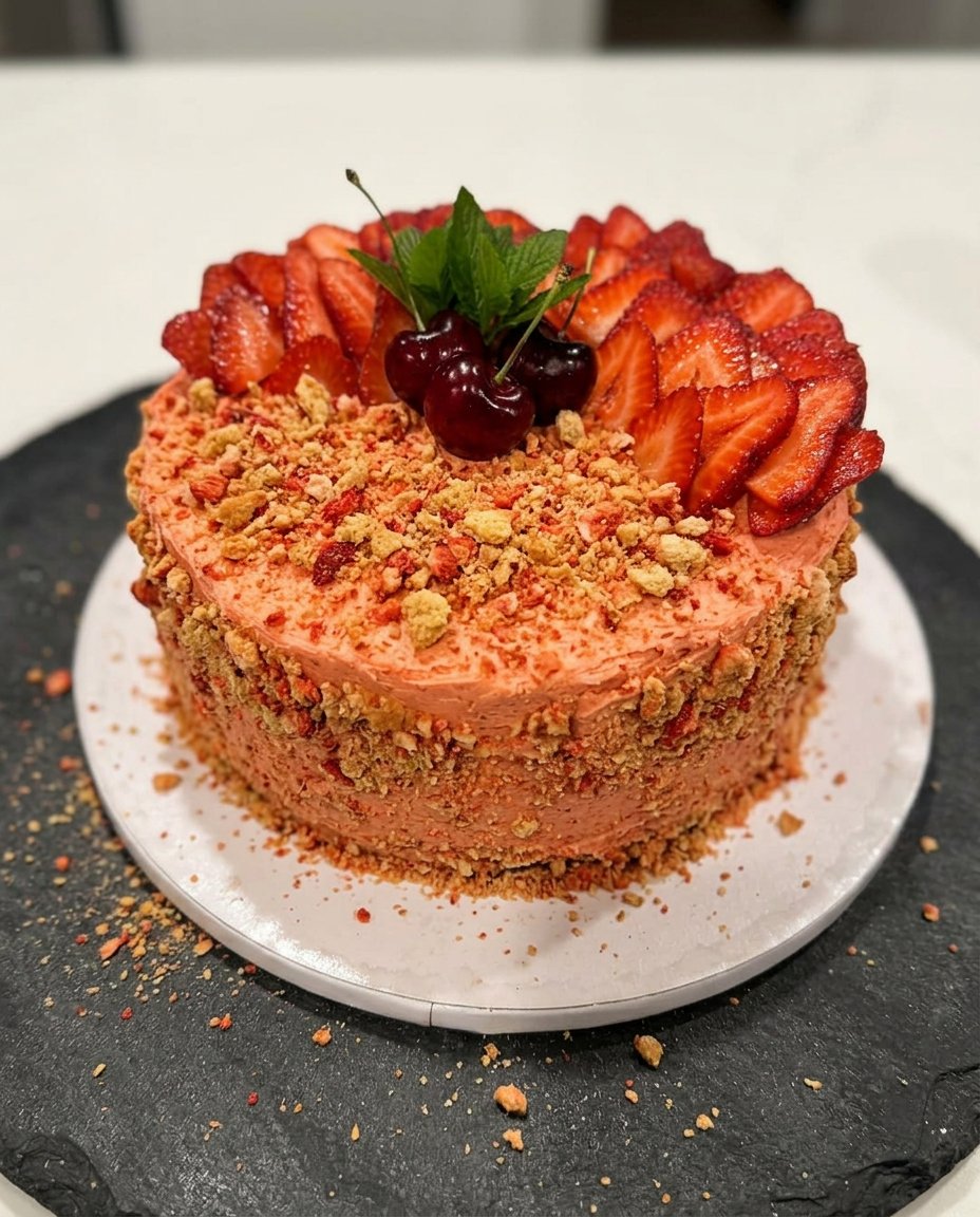 Ingredients for strawberry crunch cake including cake mix and golden oreos