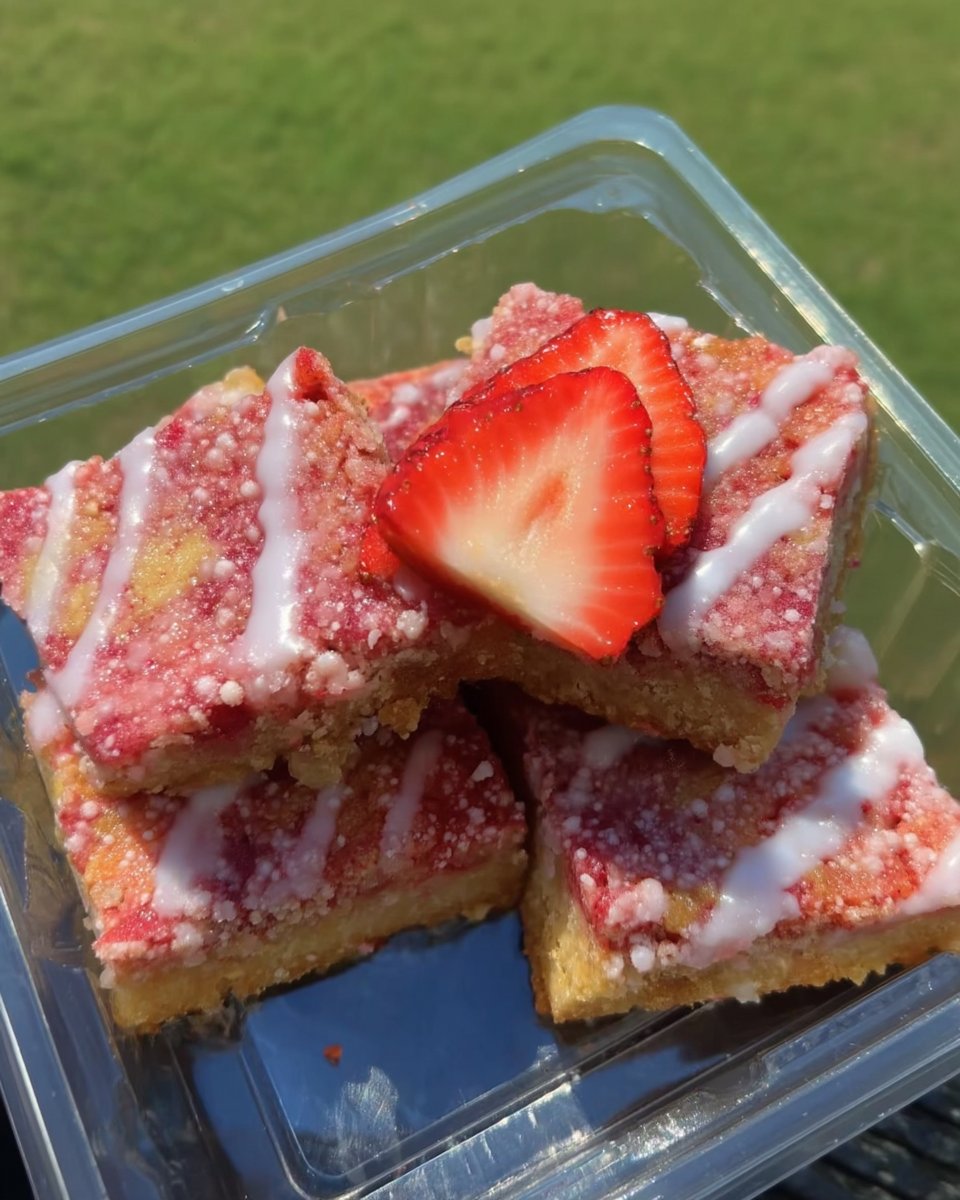 A beautiful strawberry crunch cake with vibrant pink frosting and a golden crumb topping on a vintage stand.