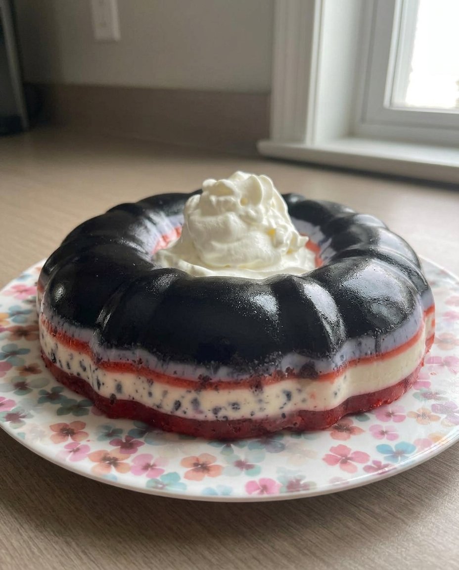 Jello Cake 10 A shimmering strawberry jello cake in a bundt mold with fresh strawberry slices and mint.