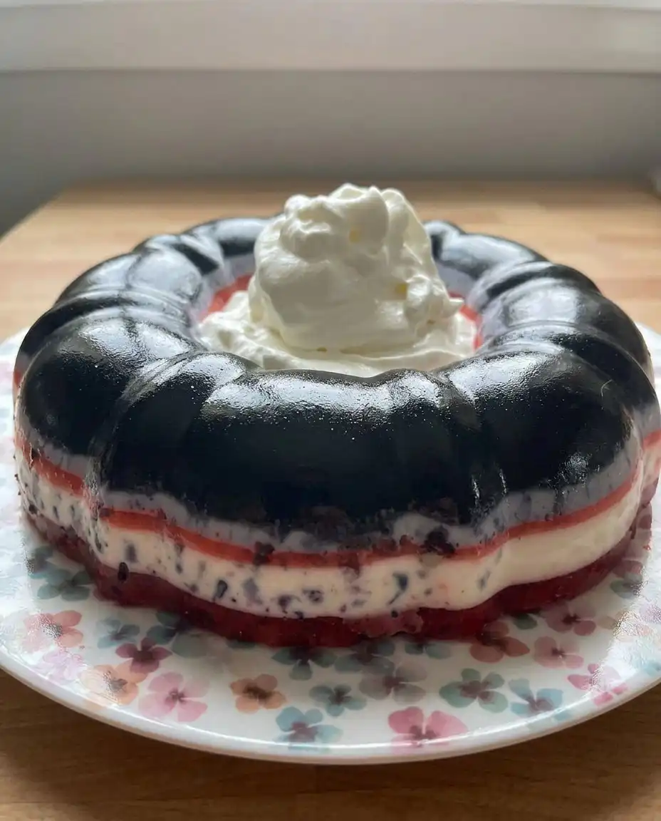 Jello Cake 14 Serving a slice of strawberry jello cake on a glass plate with mint.