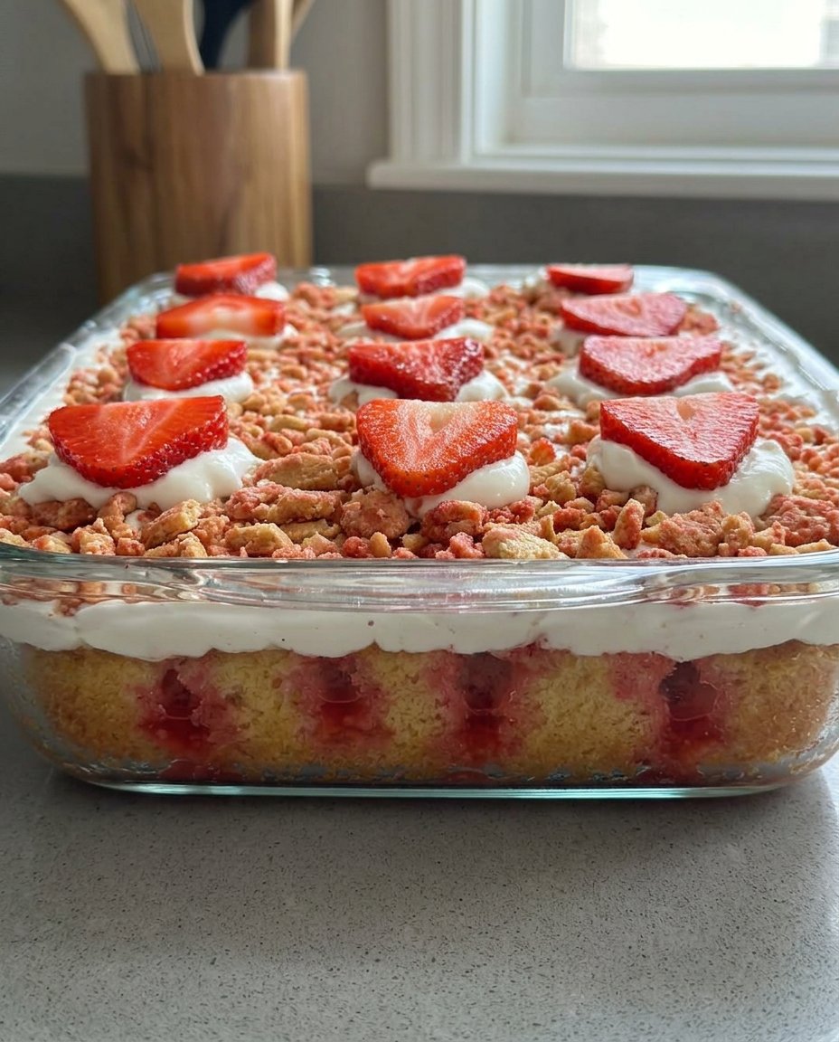 A moist strawberry poke cake served on a rustic picnic table in a sunlit backyard.