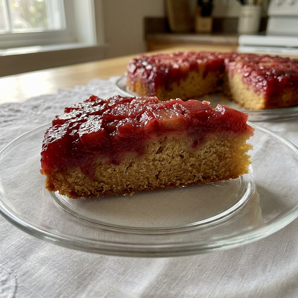 A close up slice of strawberry rhubarb cake showing a moist and tender crumb.