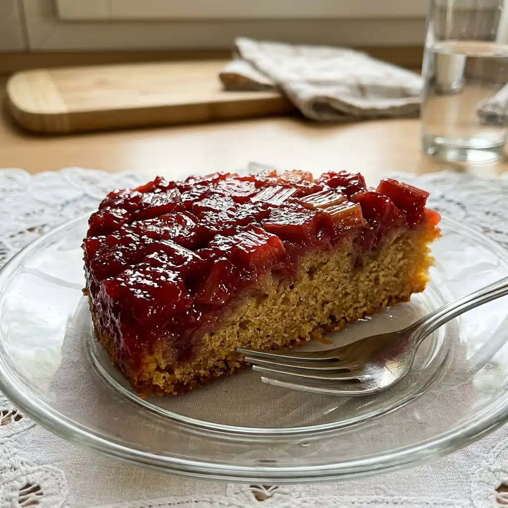 A golden Strawberry Rhubarb Cake with a crispy streusel topping and bright red fruit pockets.