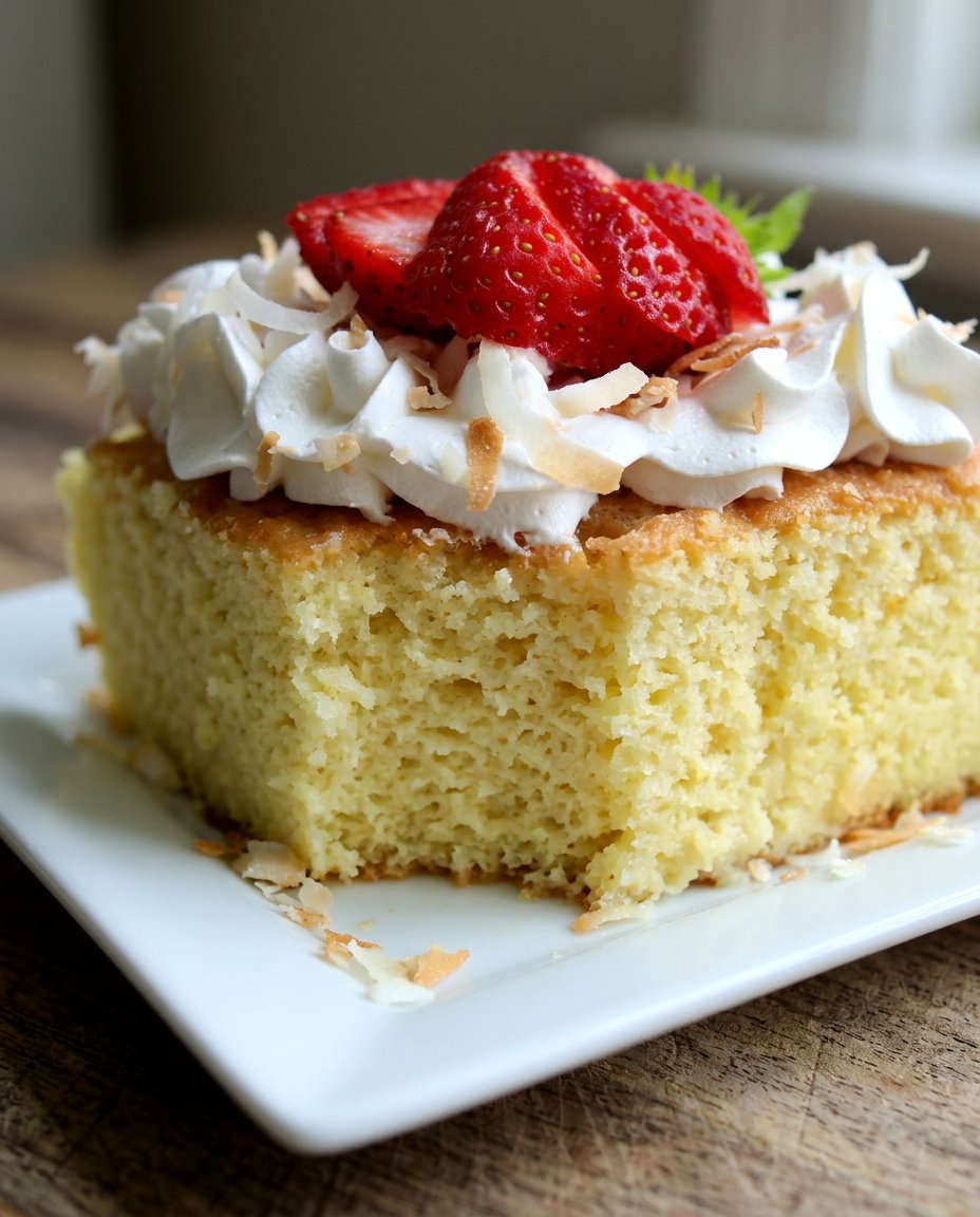 A beautiful Strawberry Tres Leches Cake 3 topped with fresh strawberry slices and whipped cream cheese frosting.