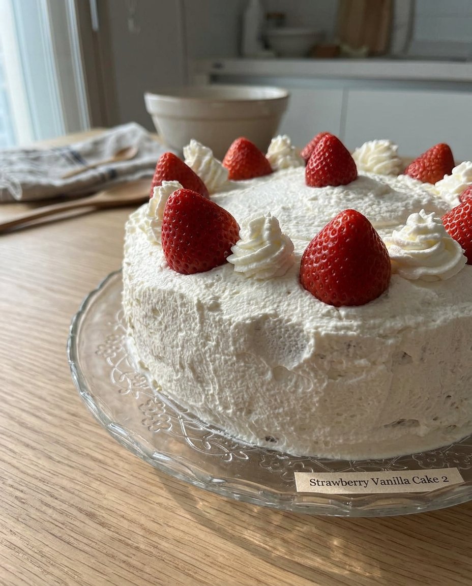 A tall Strawberry Vanilla Cake with white yogurt frosting and fresh strawberry slices on a glass pedestal.