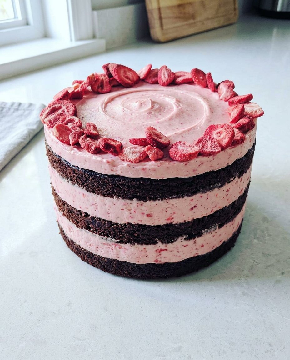 A beautiful two-layer strawberry cake with white chocolate frosting on a glass pedestal