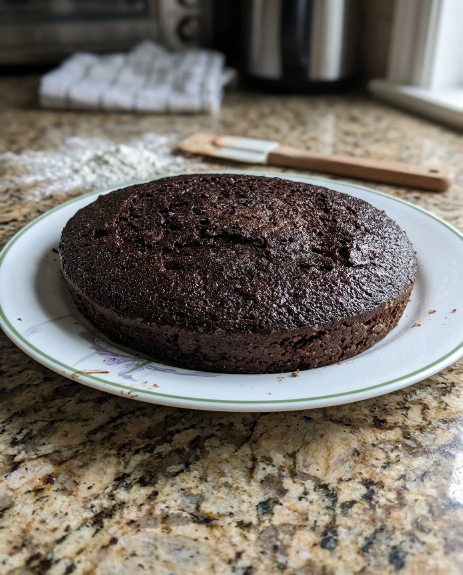 Vegan Cake 14 A whole double layer vegan chocolate cake on a white pedestal stand at a party.