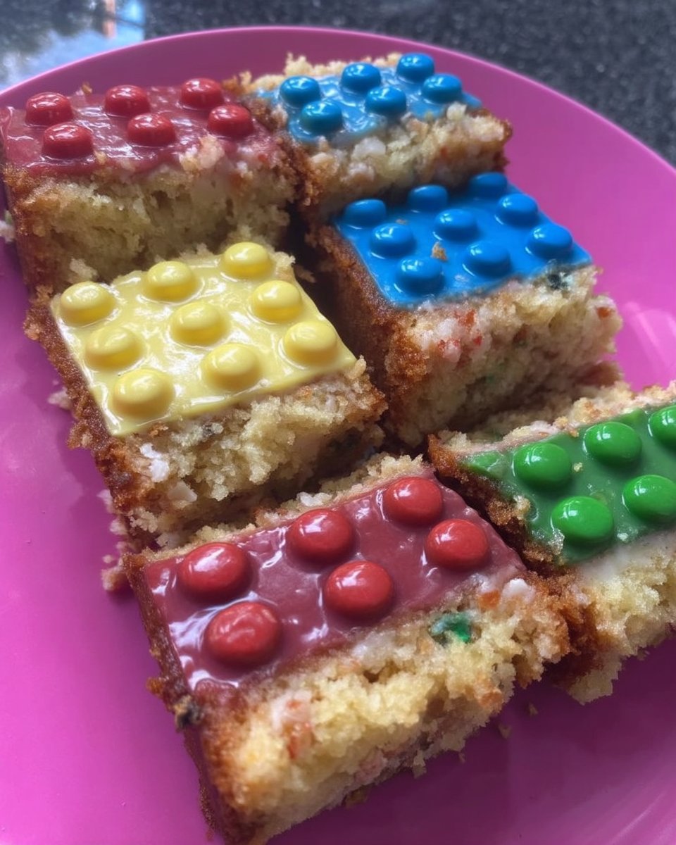 Lego Cake 14 Finished Lego cake bricks stacked on a white platter