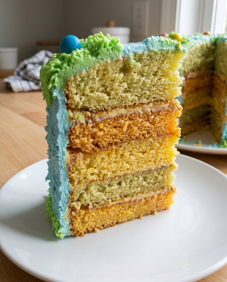 A thick slice of lemon rainbow cake showing six distinct colorful layers and white glaze.