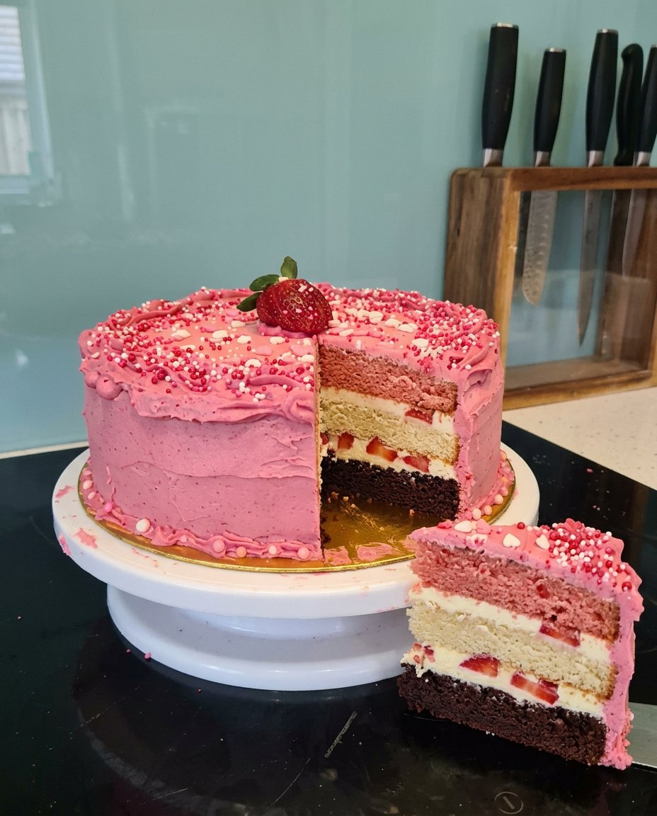 A rustic strawberry cake on a wooden table reflecting Southern charm