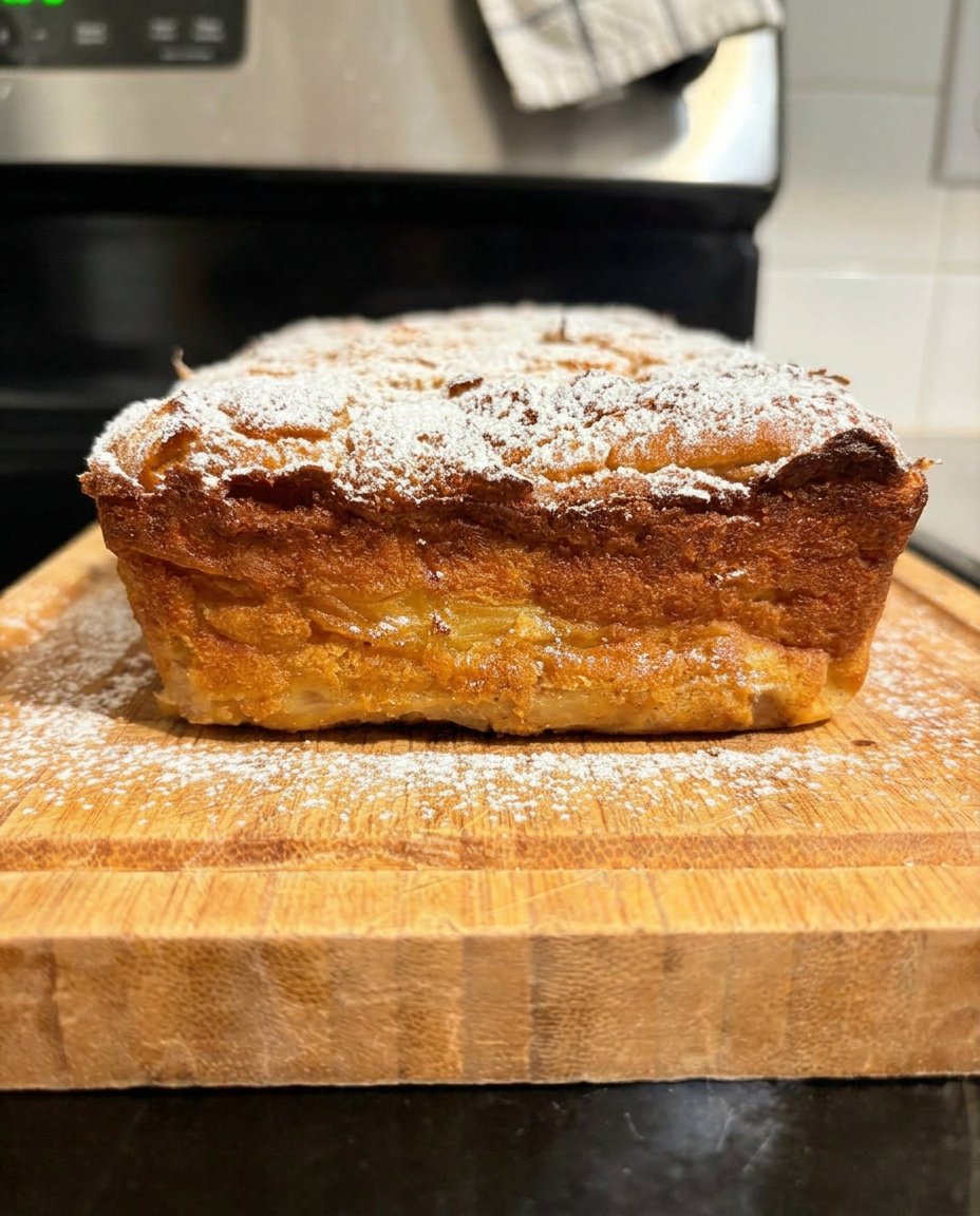 A golden brown apple dump cake inside a glass baking dish with visible bubbling cinnamon apples.