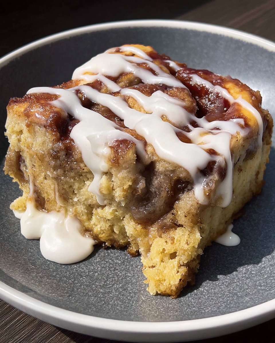 A close up of vanilla glaze being drizzled over a warm cinnamon roll cake.