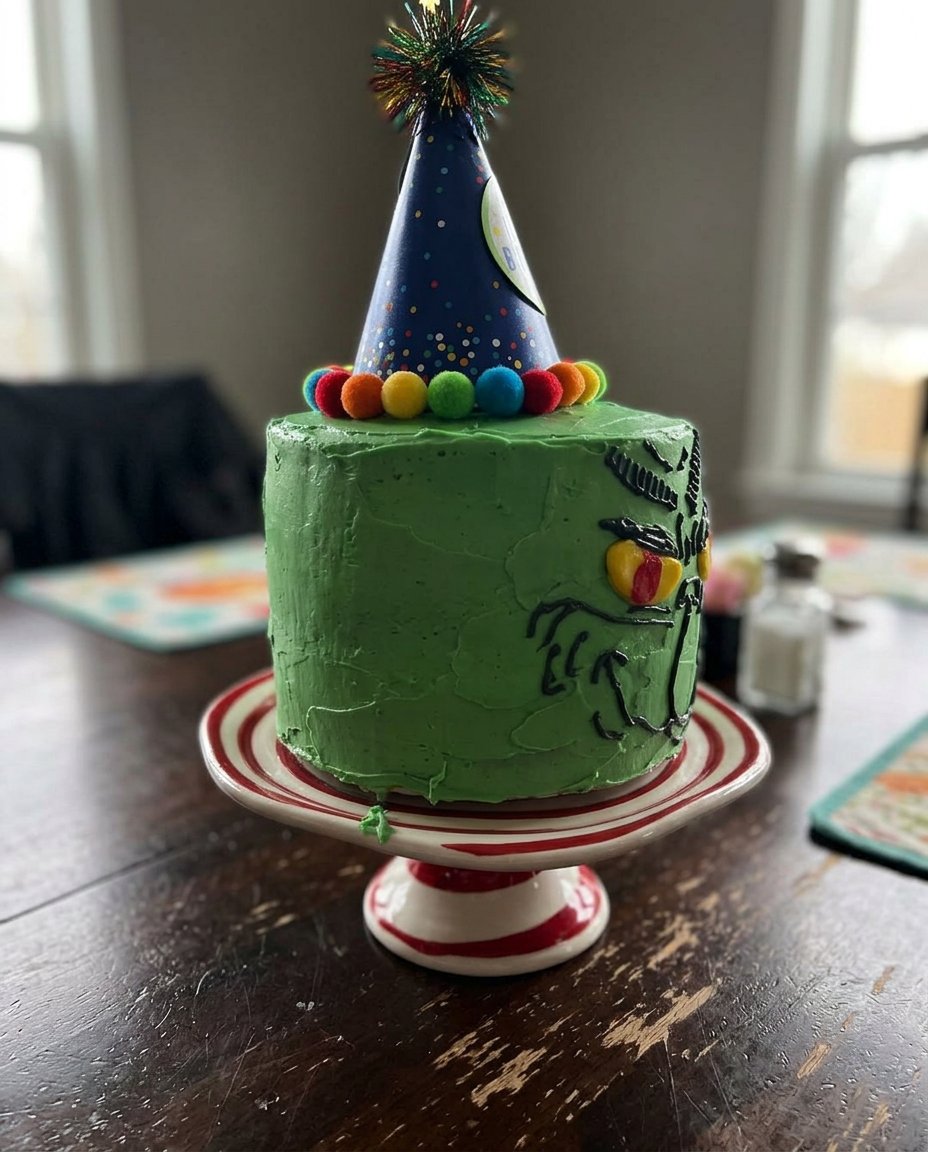 A vibrant green Grinch Cake with a fondant hand and red heart center