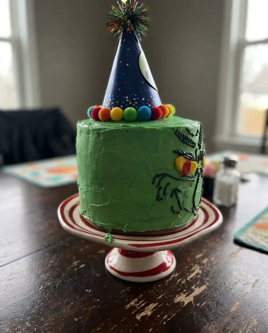Grinch Cake 10 A vibrant green Grinch Cake with a fondant hand and red heart center