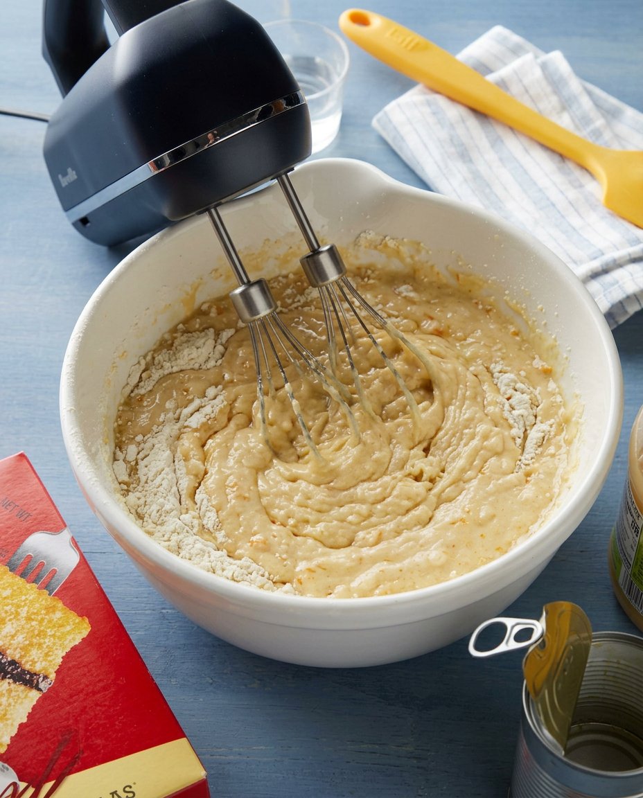 A hand gently folding whipped topping into a pineapple pudding mixture