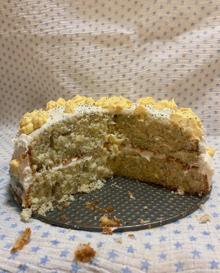 Lemon Poppy Seed Cake 13 A person whisking lemon cake batter in a large ceramic bowl