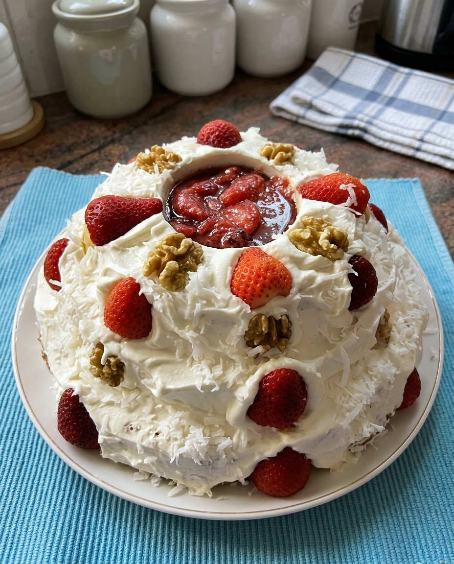 A beautiful white almond sour cream cake on a vintage glass stand with a perfect crumb.