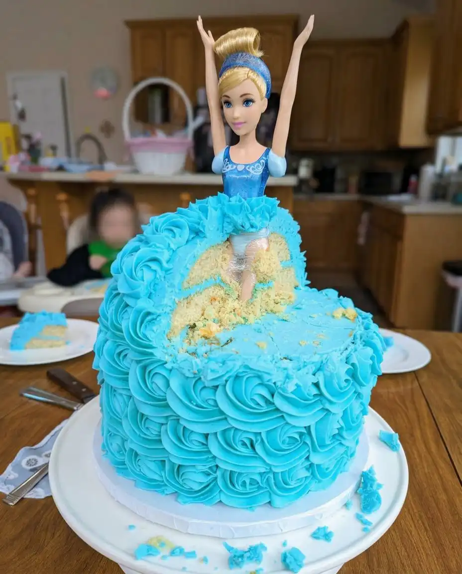 Ingredients for the Cinderella cake including cake mix boxes eggs and blue food coloring
