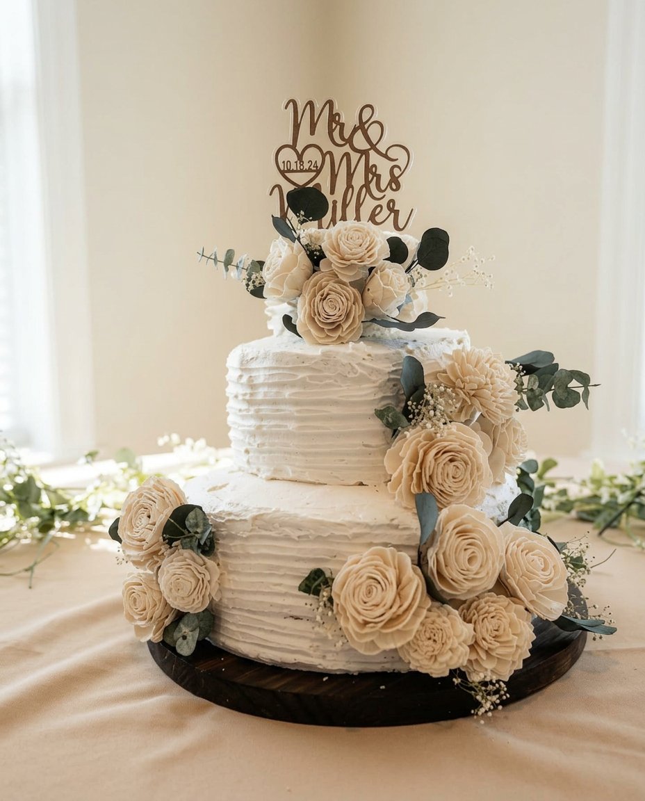 A moist white cake decorated with fresh organic pink roses on a vintage stand