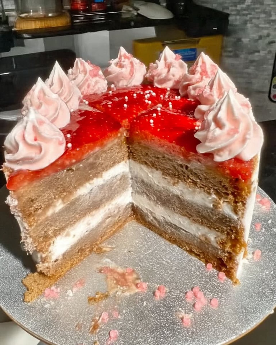A full two-layer strawberry cake decorated with fresh berries on a white cake stand.