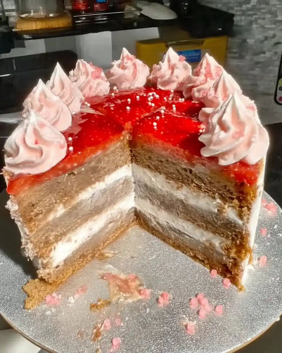 A full two-layer strawberry cake decorated with fresh berries on a white cake stand.