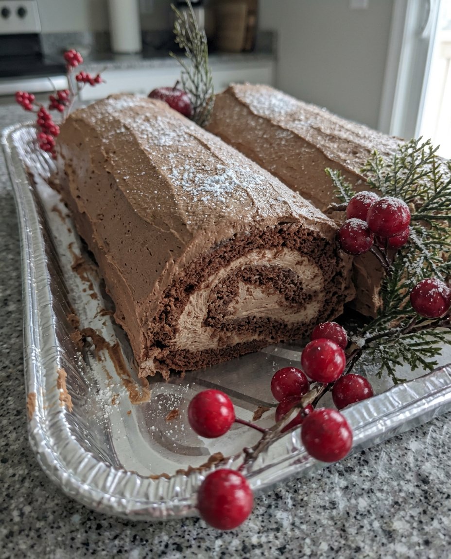 Cross section of a chocolate Yule Log Cake showing perfect spiral and cream filling.