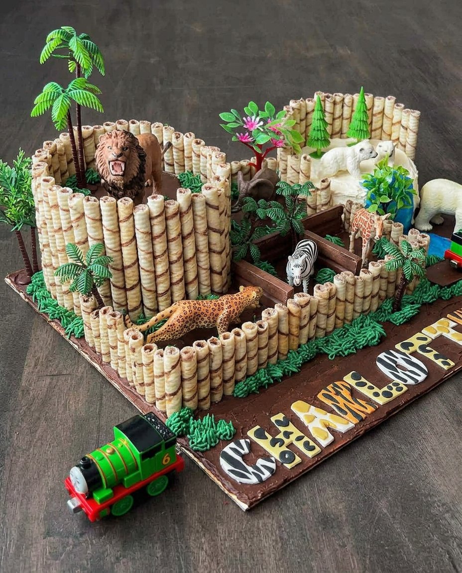 A slice of animal cake showing internal zebra stripes served on a wooden plate.