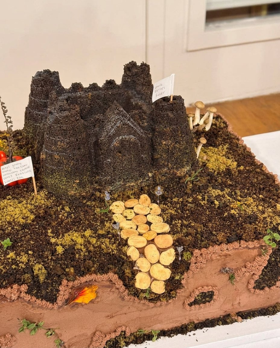 Castle Cake 13 Close up of stacking ice cream cones to make castle towers