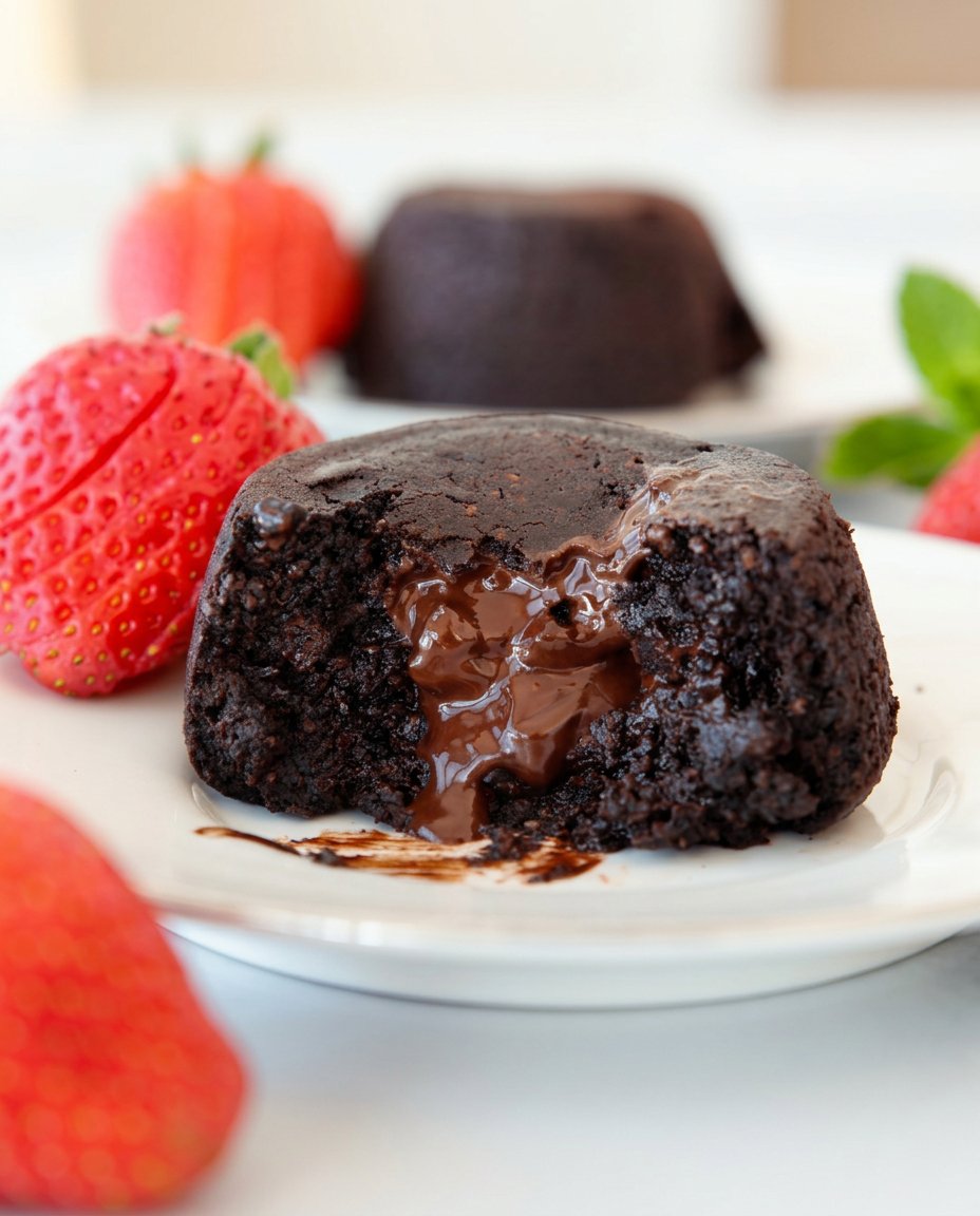 A hand gently touching the top of a baked lava cake to check for doneness.