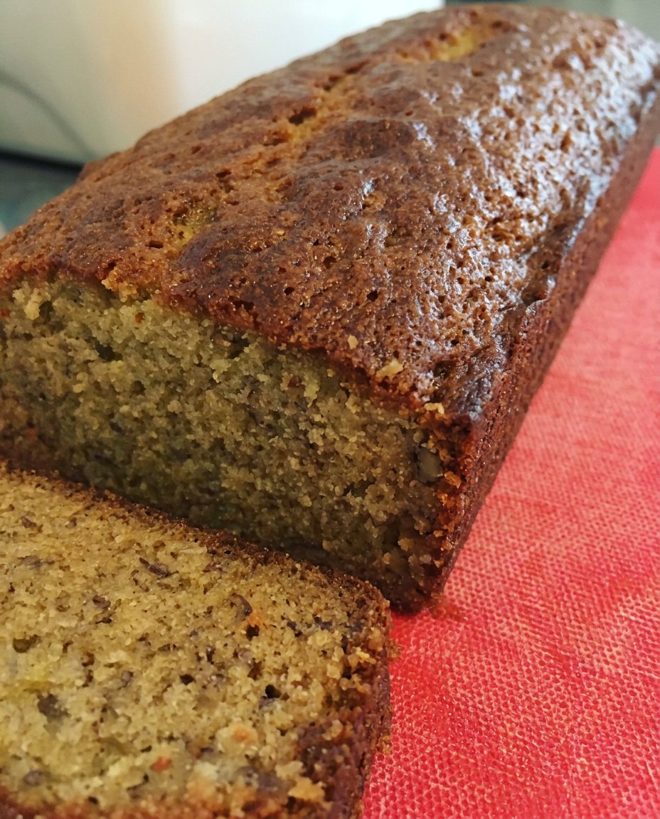 A close up of the sliced banana coffee cake showing the moist crumb and thick cinnamon topping