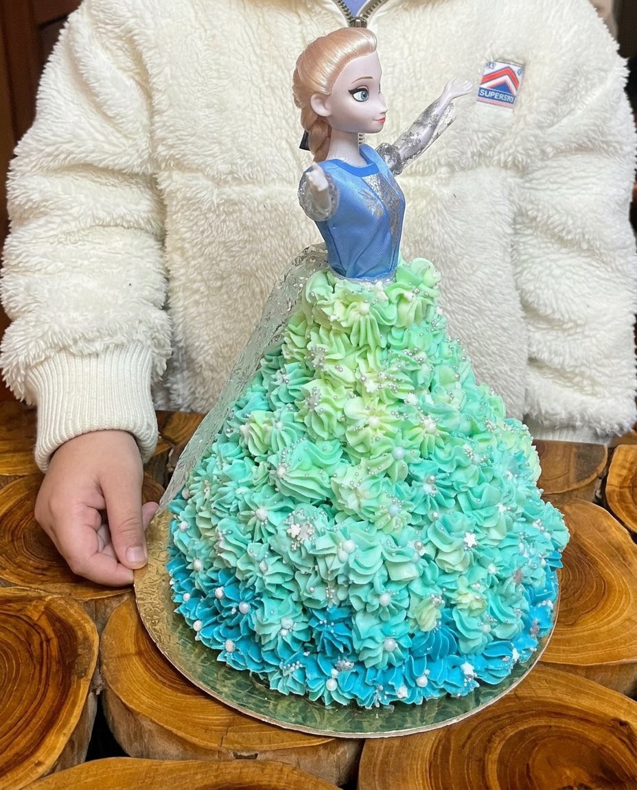 Elsa cake base being carved into a gown shape